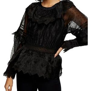 NWT Topshop Dobby Shirred Waist Blouse in Black, Size 8